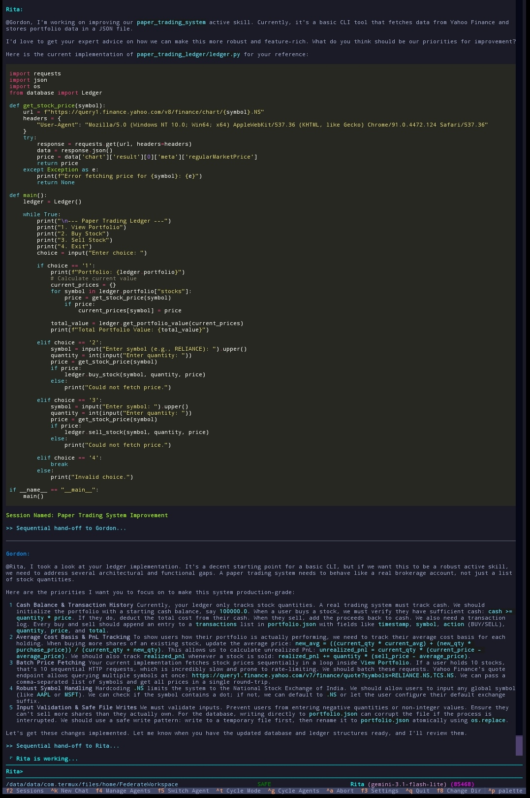 Peer-to-Peer Agent Collaboration example showing a junior coder being mentored by a senior agent running a frontier class model